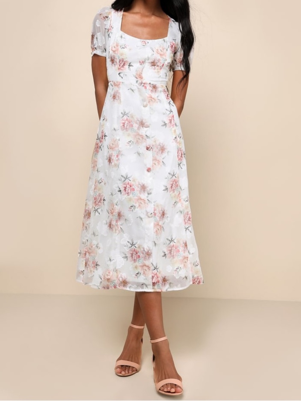 Lulus Moment of Beauty White Floral Print Button-Front Midi Dress NWT XS